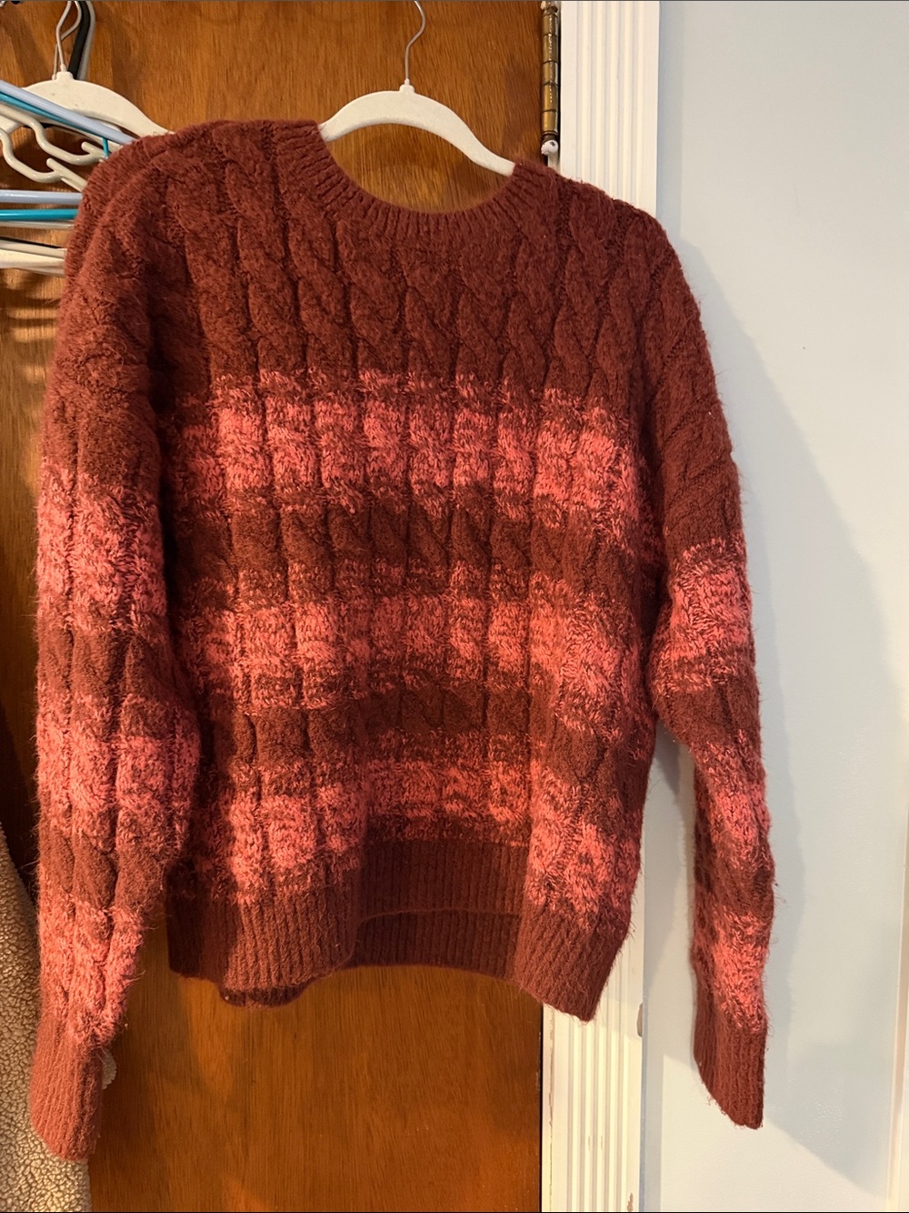 Women's Cable Crewneck Sweater in Rust and Dusty Pink